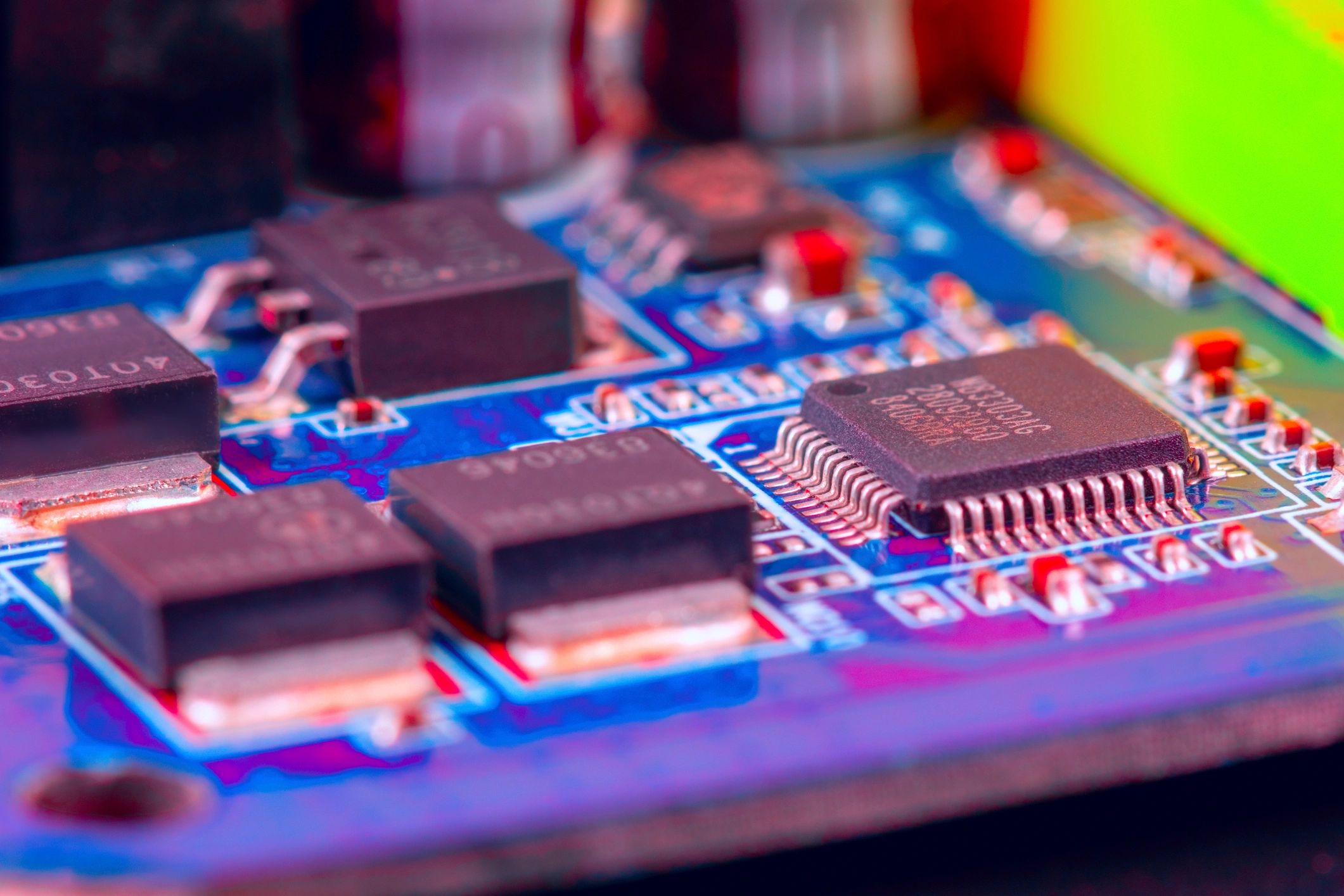 Closeup on central computer processor on printed circuit board