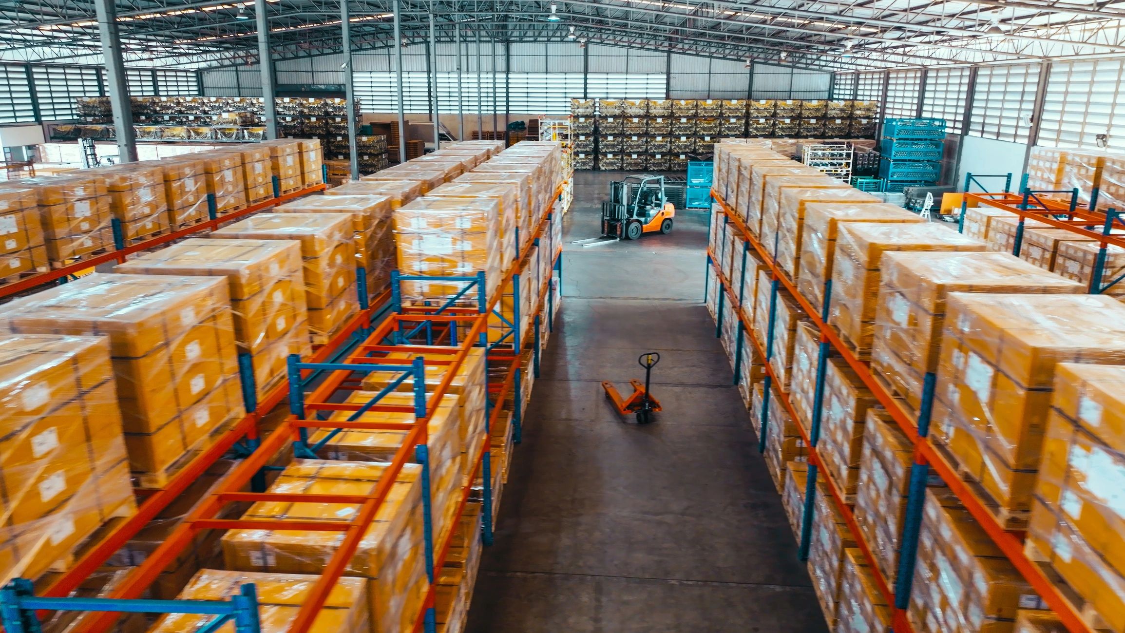 Warehouse shelves stocked with merchandise for logistics operations